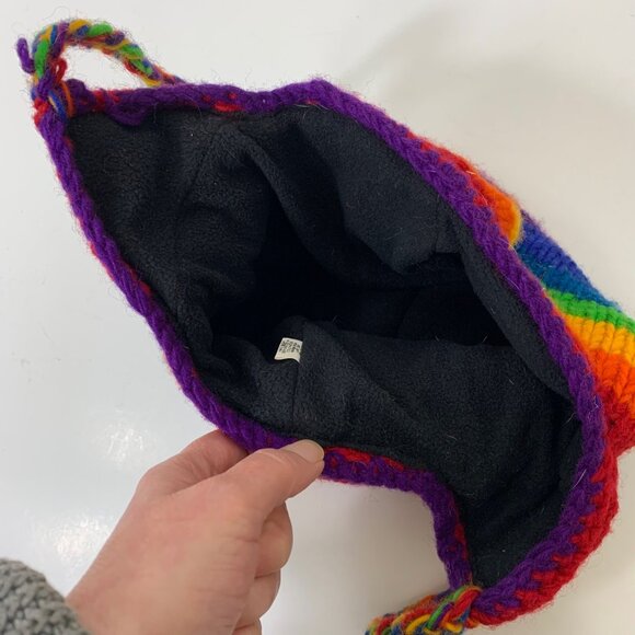 Hand Knit Rainbow Wool Fleece Lined Trapper Ear Flap Hat - Picture 5 of 6